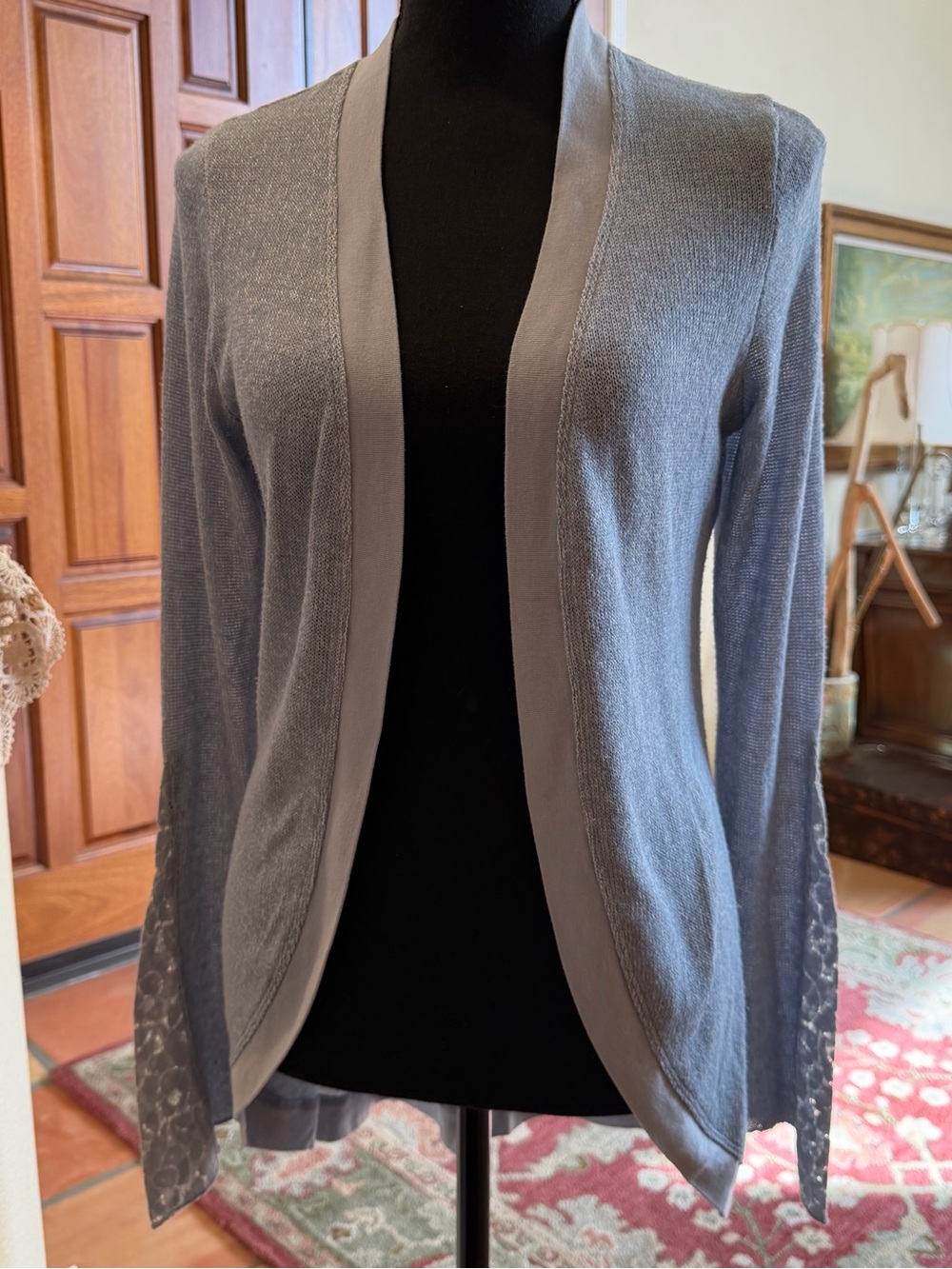 Scrapbook Light Blue Cardigan Sweater Open Front Lace Back Bell Long Sleeve M